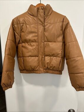 Cropped Faux-Leather Puffer Jacket - Tan
